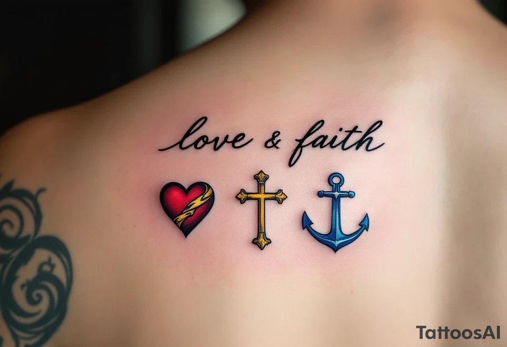 Fine-line black cursive love faith hope sitting above three matching symbols: a crimson heart, golden cross, and deep blue anchor. tattoo idea