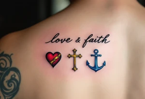 Fine-line black cursive love faith hope sitting above three matching symbols: a crimson heart, golden cross, and deep blue anchor. tattoo idea