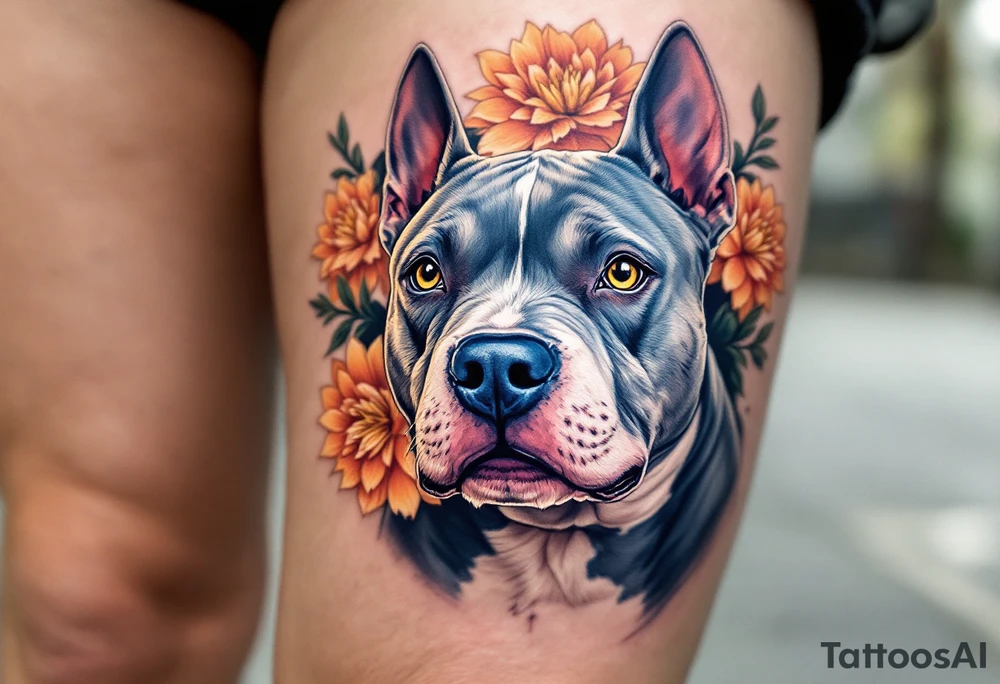 Neo-Traditional Staffordshire Bull Terrier – Bold and colorful with exaggerated features: blue-gray coat, golden eyes, and a background of stylized orange chrysanthemums. tattoo idea