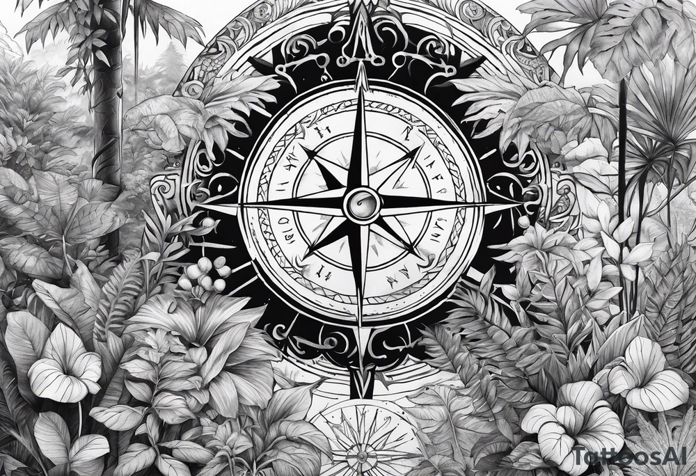 arm sleeve tattoo with Viking compass and all-seeing eye surrounded by jungle plants tattoo idea
