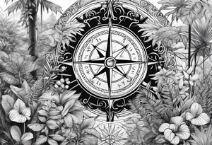 arm sleeve tattoo with Viking compass and all-seeing eye surrounded by jungle plants tattoo idea