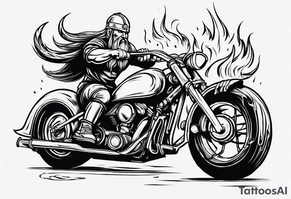 I want a detailed tattoo of a viking with flames driving an old motorcycle and i want the name “Viking Customs” to be in the tattoo tattoo idea