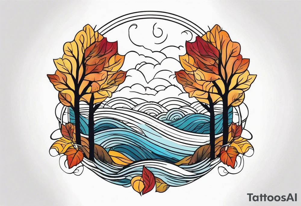 Knee tattoo with fall colors showing leaves, water flow and sky tattoo idea