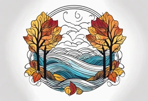 Knee tattoo with fall colors showing leaves, water flow and sky tattoo idea