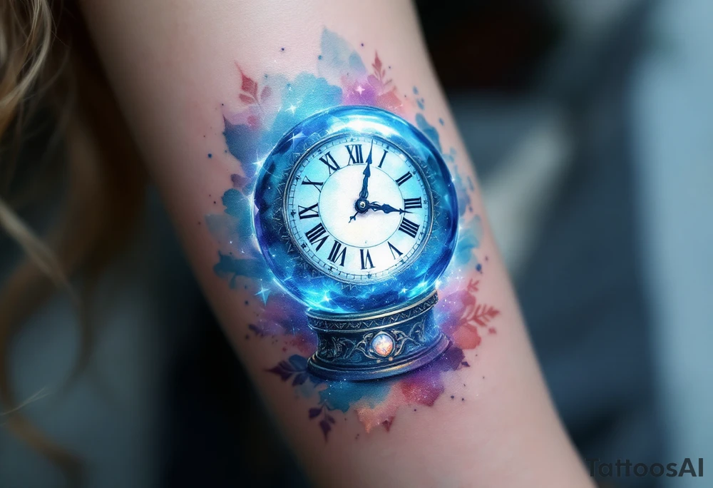 A crystal ball with an ancient clock inside, reflecting a shimmering future in pastel blues and lavenders. tattoo idea