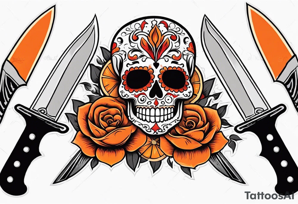 Orange Sugar skull with knifes that are orange and red with smoke around it tattoo idea