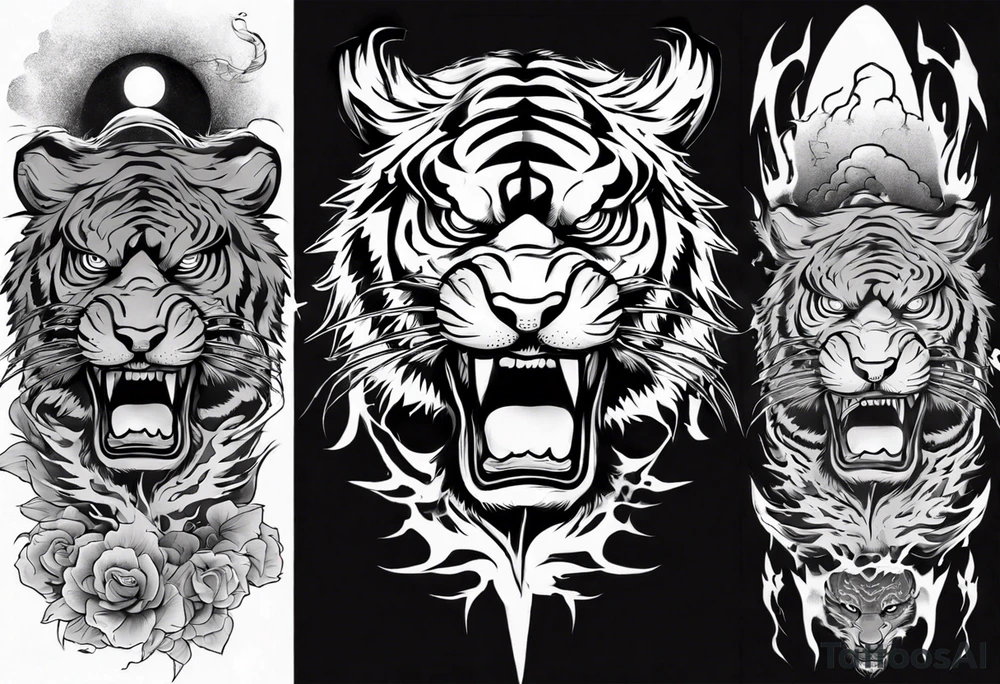 tiger warrior with lightning and the sun for a forearm sleeve tattoo idea