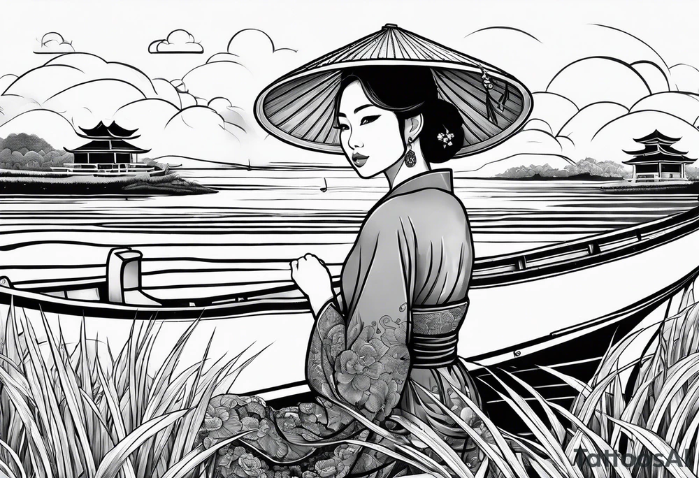 vietnamese lady on boat rice fields water sunset home clouds tattoo idea