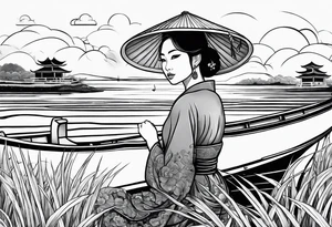 vietnamese lady on boat rice fields water sunset home clouds tattoo idea