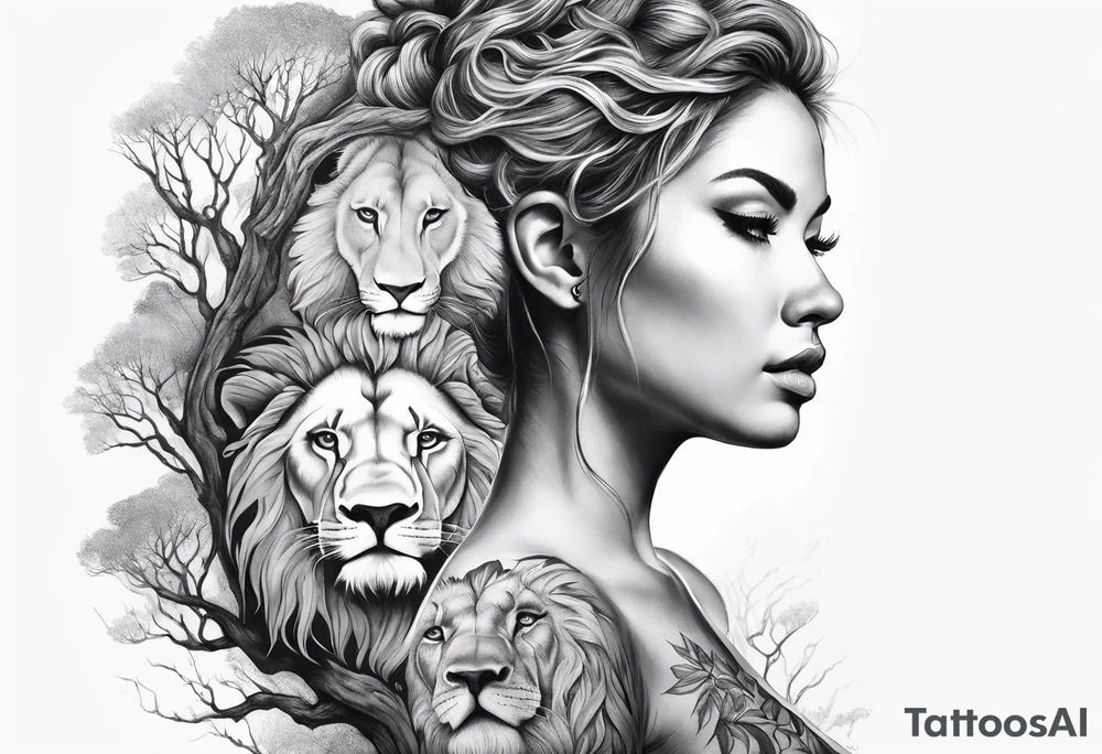 Forest goddess looking down side profile  tree branches forming into her face with full male lions head facing her as to protect her middle arm sleeve tattoo idea
