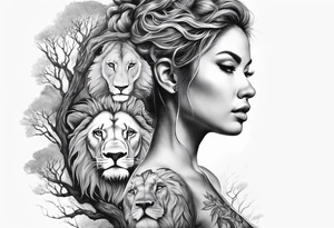 Forest goddess looking down side profile  tree branches forming into her face with full male lions head facing her as to protect her middle arm sleeve tattoo idea