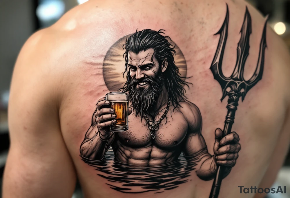 young, smiling, fit poseidon in calm water, holding a trident, drinking a beer, with sunset tattoo idea
