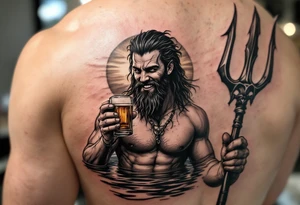 young, smiling, fit poseidon in calm water, holding a trident, drinking a beer, with sunset tattoo idea