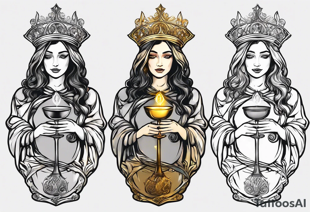 holy saint woman turned away with golden halo holding a chalice tattoo idea