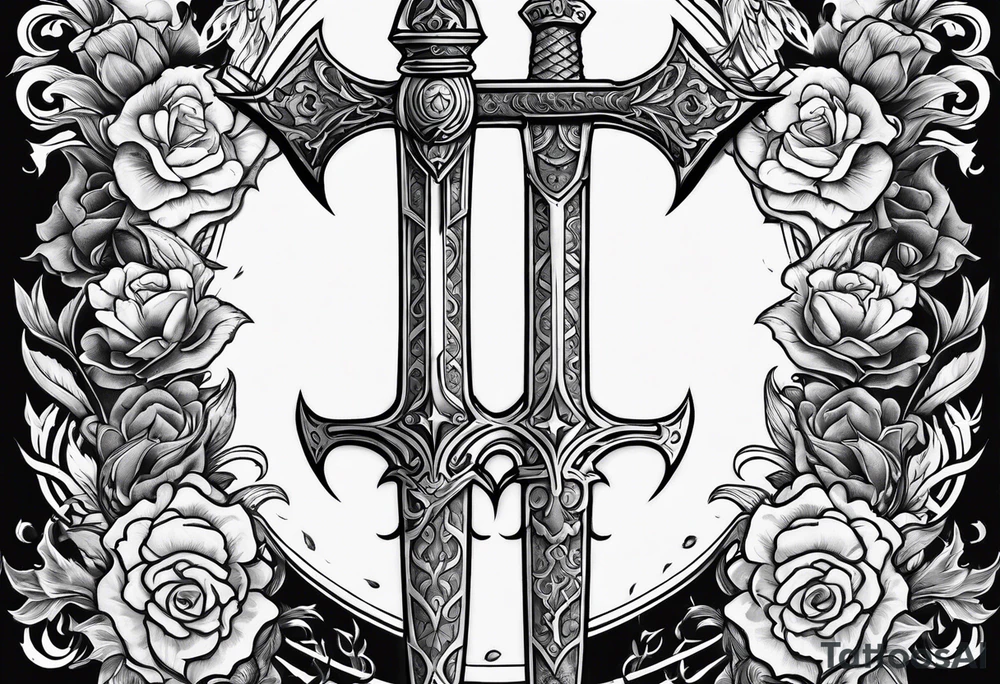 sword with satanic symbols tattoo idea