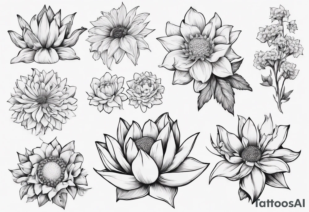 flower arrangement hat includes:
 lotus, sunflower, chrysanthemum, jasmine (or flower that symbolises luck), gardenia, mullein, forget me not and gladiolus tattoo idea