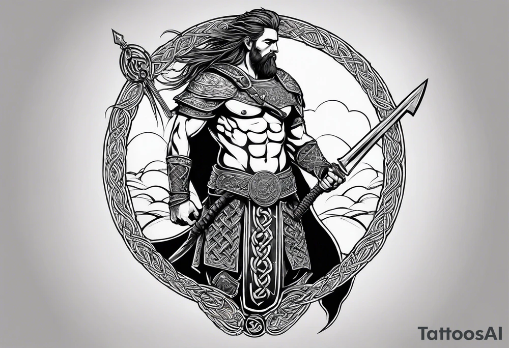 Side facing full body shot of Celtic warrior with weapon unsheathed. tattoo idea