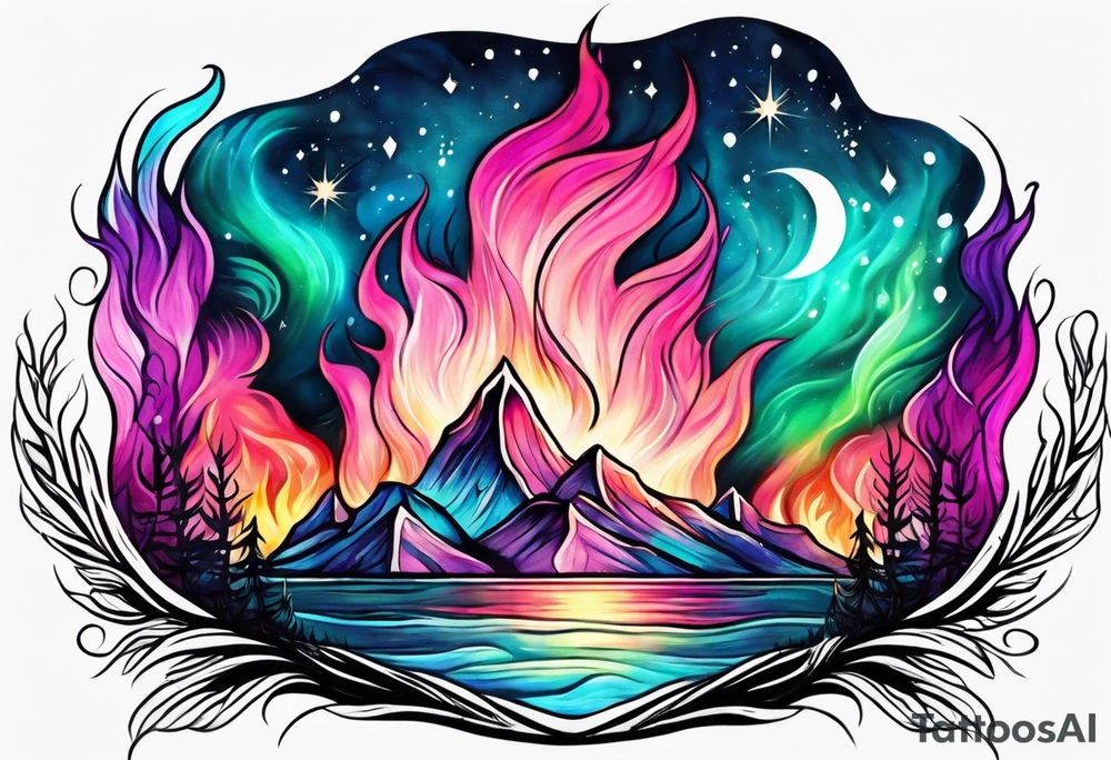 Pink purple teal Bonfire flames turning into northern lights tattoo idea
