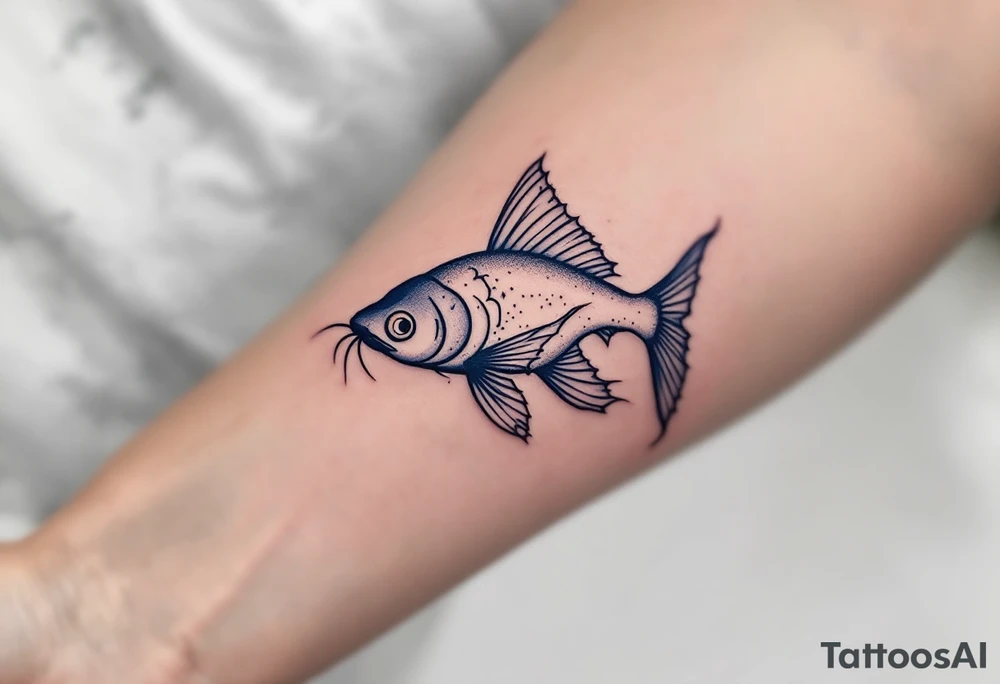 Catfish and Moon – A catfish in profile, colored smoky blue, with its whiskers curling around a crescent moon, giving a mystical, dreamlike tone. tattoo idea