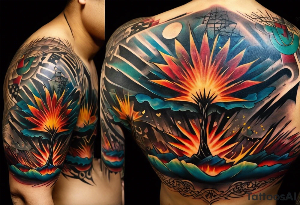 Wide tattoo that appears to be bursting out of the skin, symbolizing freedom. The tattoo should be vibrant and dynamic, with bold lines and colors that evoke a sense of liberation and empowerment. Consider incorporating elements such as broken chains, or other symbols of freedom. The tattoo should be visually striking and thought-provoking. tattoo idea