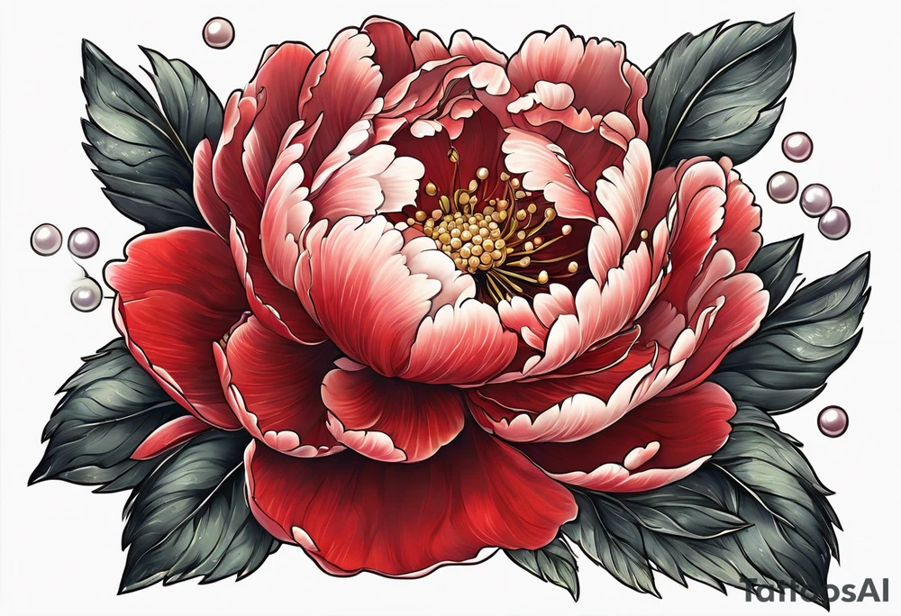 Red peony with a pearls and bunny dangling tattoo idea