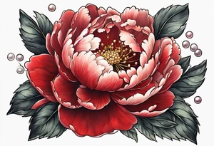 Red peony with a pearls and bunny dangling tattoo idea