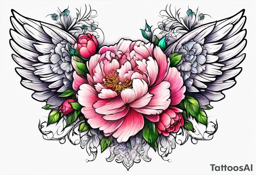 beautiful angel wings with floral peonies, roses, neon, brightly colored. highly detailed, tattoo idea