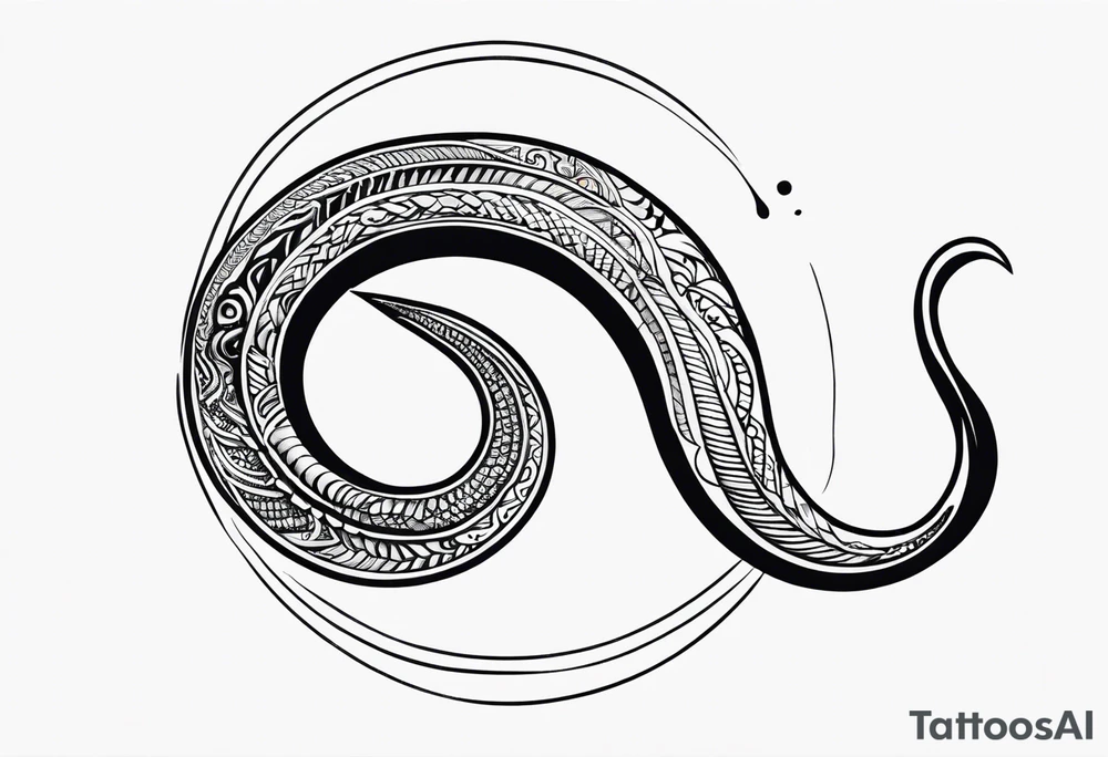 tattoo of a moral eel eatings its tail to form a circle or ouroboros, simple, modern, fine lines. new Zealand and maori cultural theme tattoo idea