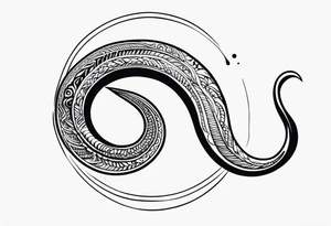 tattoo of a moral eel eatings its tail to form a circle or ouroboros, simple, modern, fine lines. new Zealand and maori cultural theme tattoo idea