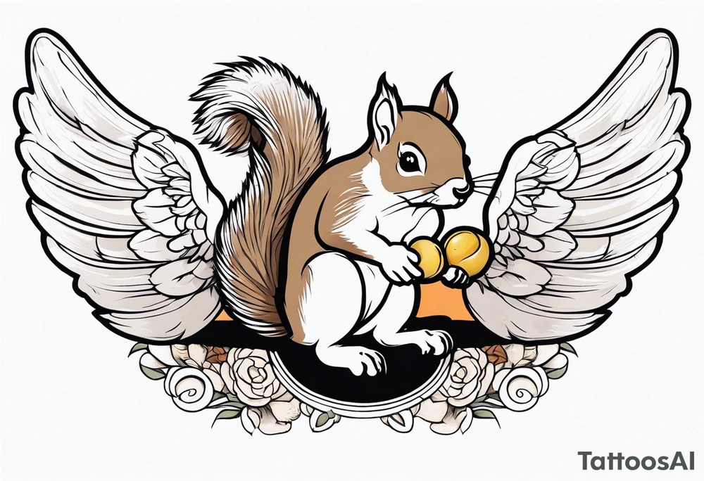 Squirrel with angel wings holding a nut tattoo idea
