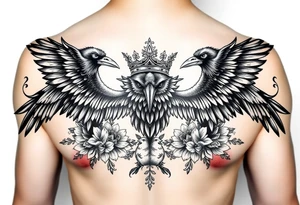 Chest tattoo,powerful majestic ravens with a crown, surrounded by floral ornaments and birds tattoo idea