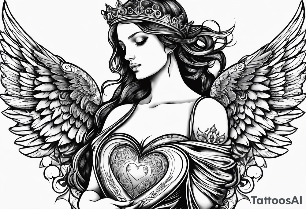 angel holding a heart in both her arms, name Leah is written in gothic letters. tattoo idea