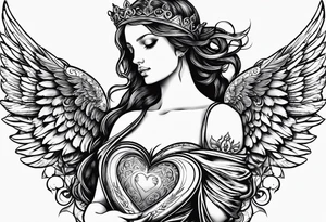 angel holding a heart in both her arms, name Leah is written in gothic letters. tattoo idea