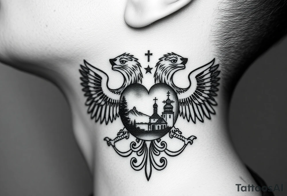 Traditional authentic Russian coat of arms with double headed eagle & a well shaded Christian orthodox virgin marry in the middle with silhouette of a lake in a Russian wilderness Christian orthodoxy dome church village setting on the side of my neck tattoo idea