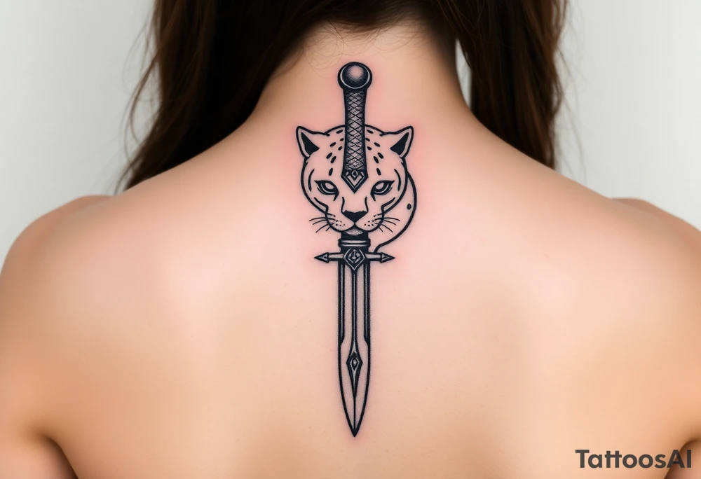 mystical panther around an ancient dagger with jeweled hilt tattoo idea
