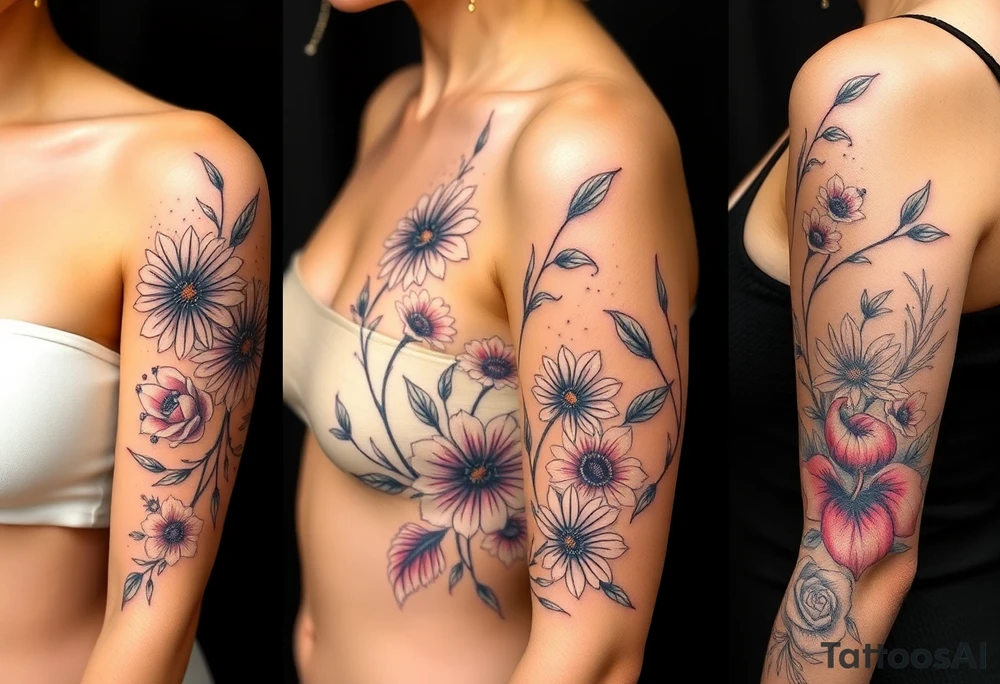 This tattoo is on a woman. It starts on her left side of the chest on the pectoral with a Glaiolus and Daisy together, then the tattoo rises over the left shoulder and down the arm and ends at the elbow. The tattoo will include a primroses, Calla Lilys, and Lillys. It will be light on color except in the petals and has light shading to make it pop. It will not wrap around the chest but rather bloom upwards from the pectoral and spill over the shoulder and down to the elbow. tattoo idea