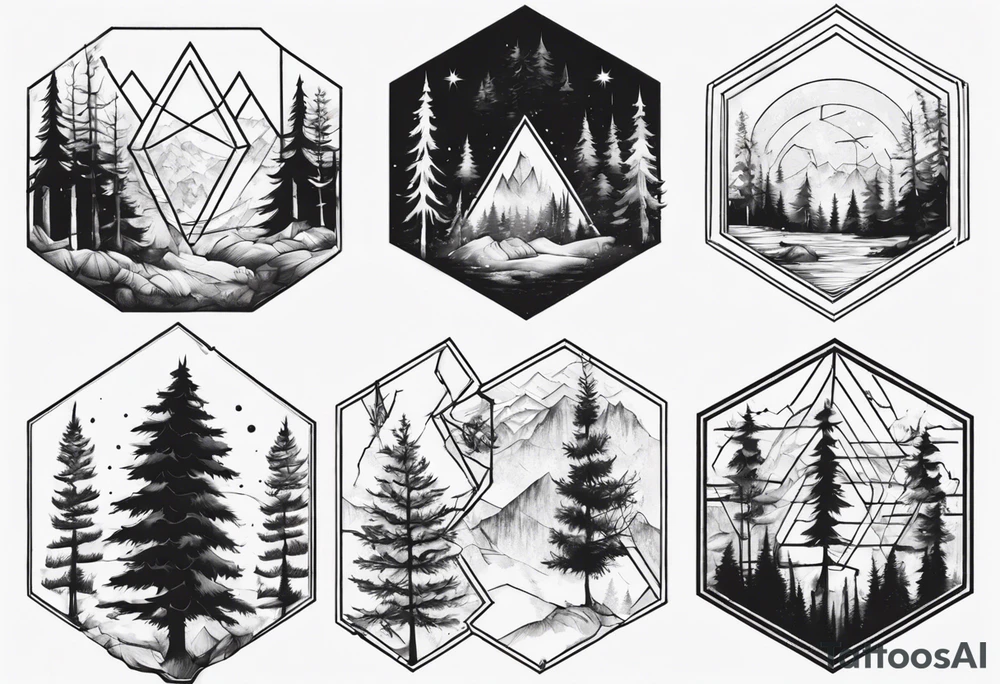 A hexagon with a coniferous forest extending beyond the boundary of the figure tattoo idea