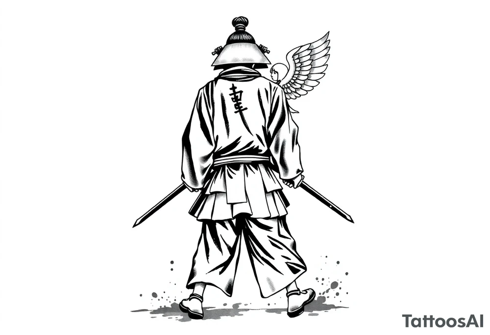 A blackwork tattoo depicting a samurai walking forward from behind. The samurai is dressed in a traditional kimono and hakama, holding two long katanas in a relaxed yet combat-ready stance. A small angel with detailed feathered wings is pushing him from behind. Strong contrast, dynamic ink splashes, sumi-e brushstrokes, a minimalist white background, dramatic lighting, an emotional and symbolic composition, and highly detailed linework. tattoo idea