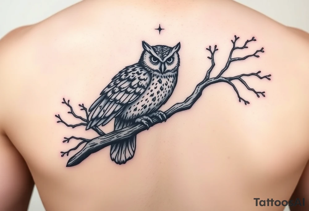 wise owl perched on ancient oak branch under starlit sky tattoo idea