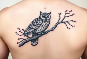 wise owl perched on ancient oak branch under starlit sky tattoo idea