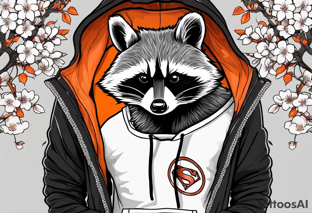 Raccoon wearing a white Superman logo on a black hoodie and orange Japanese cherry blossoms beside tattoo idea