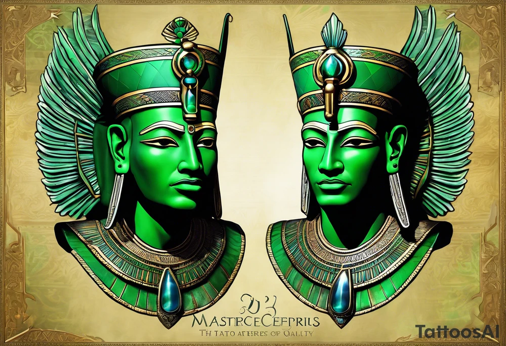 The tattoo represents Osiris, the god of the afterlife and resurrection, with his iconic green skin and traditional attire. His body is wrapped in a detailed shroud, and he is depicted with the Atef crown, featuring the white crown of Upper Egypt flanked by two feathers. His eyes are serene yet powerful, reflecting his role as the judge of the dead. The detailed texture of his skin and attire, along with realistic shadows and highlights, accentuate Osiris’s divine and otherworldly presence. tattoo idea