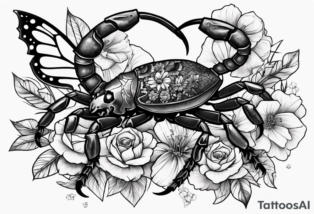 Large scorpion with skulls, flowers, and butterflies tattoo idea