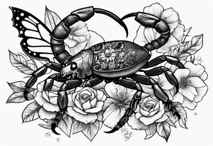 Large scorpion with skulls, flowers, and butterflies tattoo idea