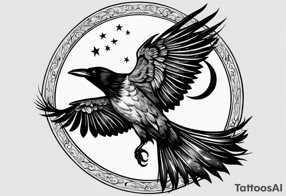 Crow with a candle mid flight with the crescent moon in the background tattoo idea