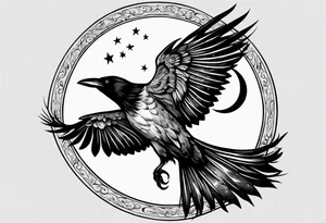 Crow with a candle mid flight with the crescent moon in the background tattoo idea