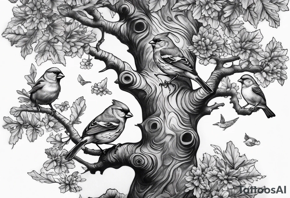 oak tree with finch birds tattoo idea