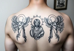 russian orthodox symmetrical guardian angel icon on left and right side of back with both angels holding up a jesus potrait tattoo idea