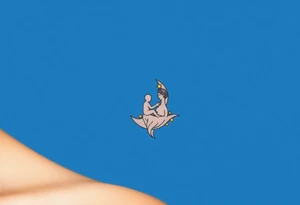 A mother and child sitting on a crescent moon, surrounded by twinkling golden stars on a deep blue background tattoo idea