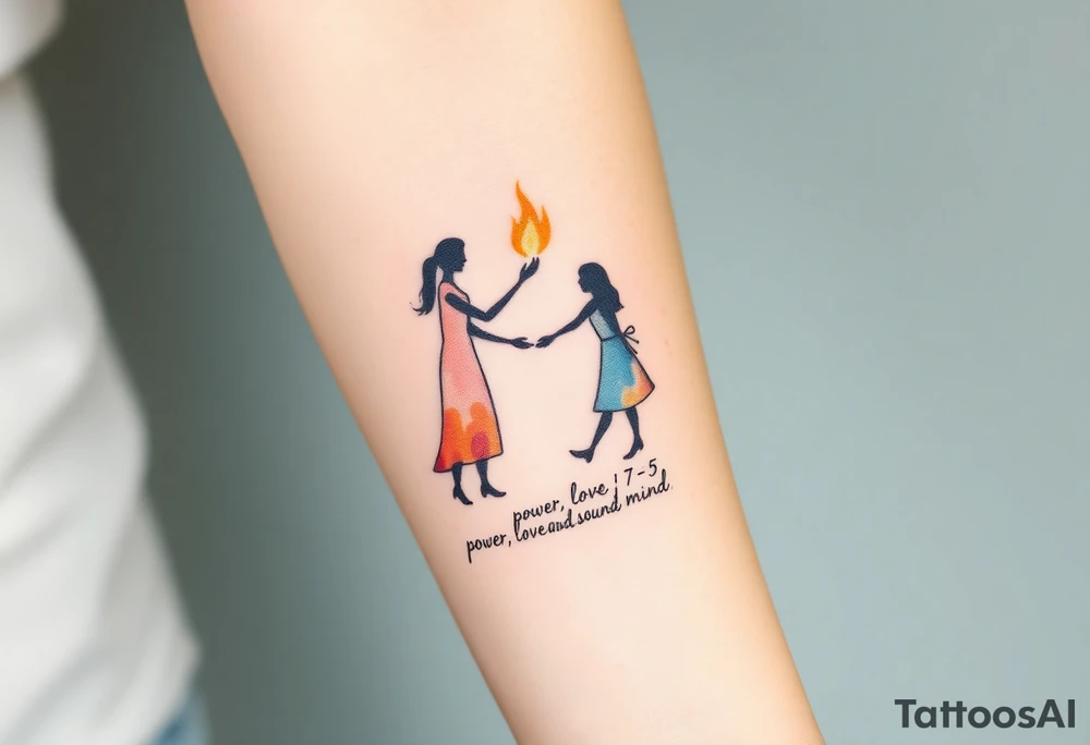Silhouette of grandmother, mother and daughter passing a flame from oldest to youngest with the flame growing as it goes. Make the flame in watercolor motif and the silhouettes simple. Incorporate the words power, love and sound mind. Or 2 Timothy: 5-7 tattoo idea